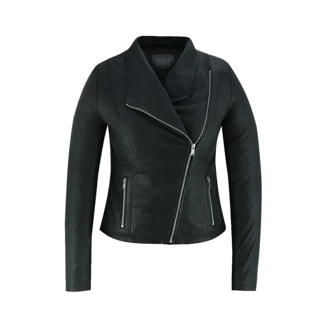 Women's Soft Touch Sheep Matte Leather Motorcycle Jacket – Black Moto Biker Short Coat with Shiny Silver Zippers | Kings Wear Apparel Kings Wear Apparel