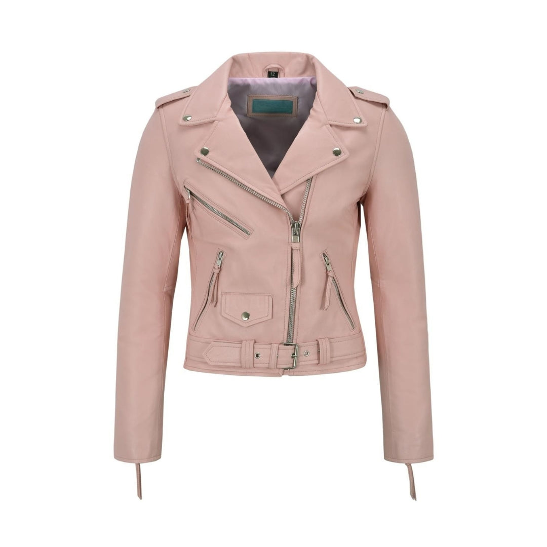 Women's Belted Leather Moto Jacket – Real Sheep Nappa Leather with Shiny Silver Zippers | Kings Wear Apparel Kings Wear Apparel