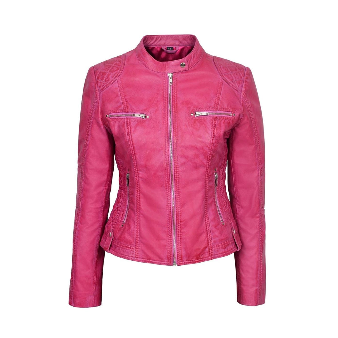 Women's Sheep Nappa Leather Varsity Moto Biker Bomber Jacket – Casual Lightweight Short Coat with Dull Silver Zipper | Kings Wear Apparel Kings Wear Apparel