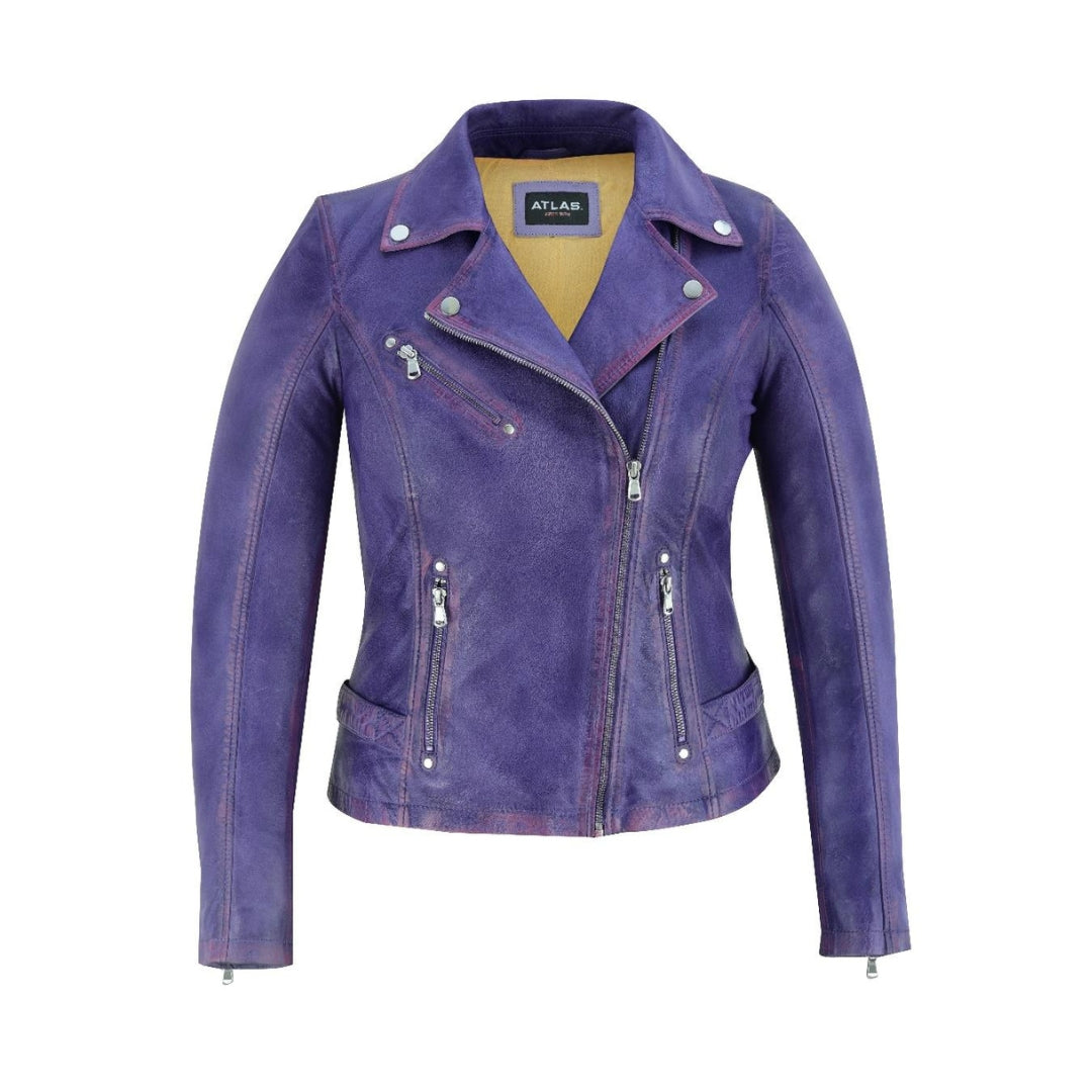 Women's Long Sleeve Zipper Closure Moto Biker Leather Jacket – Premium Sheep Nappa Full Veg Leather with Shiny Silver Zip Kings Wear Apparel