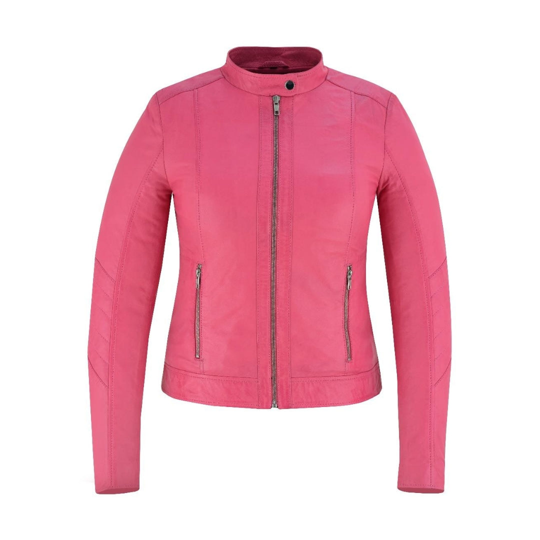 Women’s Real Motorcycle Leather Jacket – Soft Sheep Nappa Cafe Racer Style with Shiny Silver Zip Kings Wear Apparel
