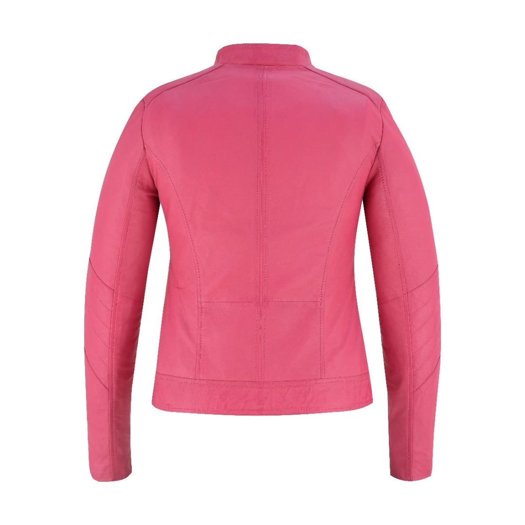 Women’s Real Motorcycle Leather Jacket – Soft Sheep Nappa Cafe Racer Style with Shiny Silver Zip Kings Wear Apparel