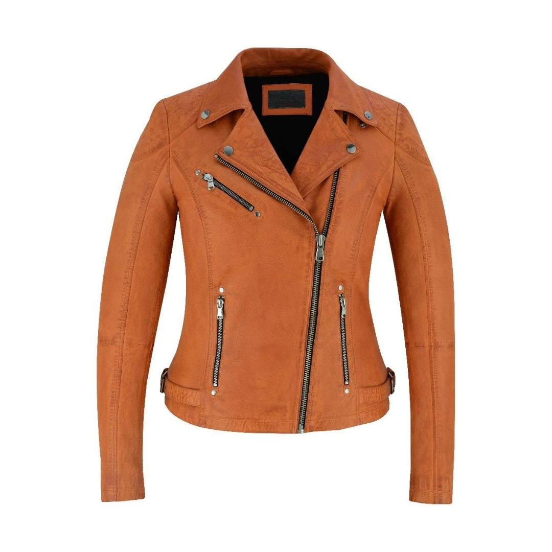 Women’s Slim Fit Leather Jacket – Real Sheep Nappa Full Veg Biker Style with Shiny Silver Zip Kings Wear Apparel