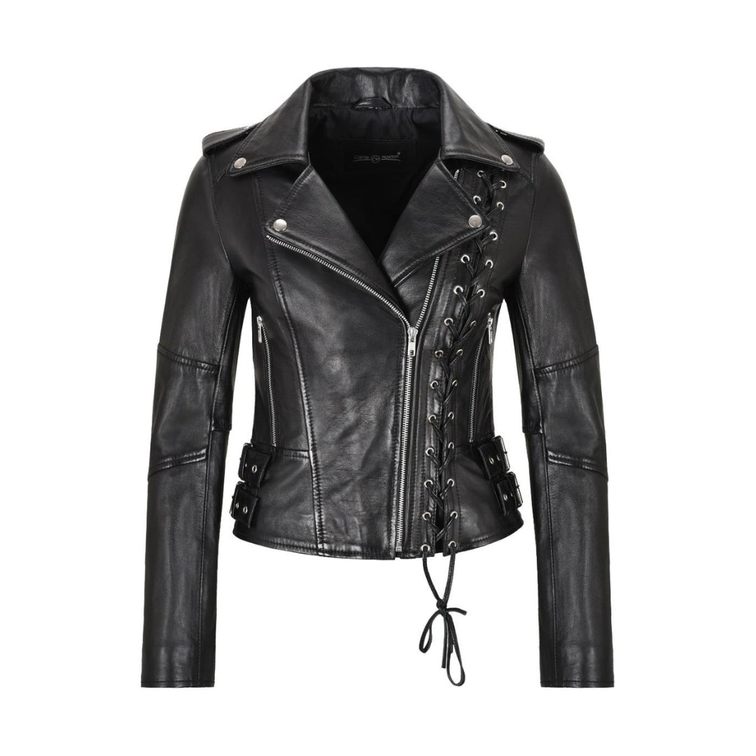 Women’s Varsity Moto Biker Bomber Leather Jacket – Lightweight Sheep Leather Short Coat with Shiny Silver Zip Kings Wear Apparel
