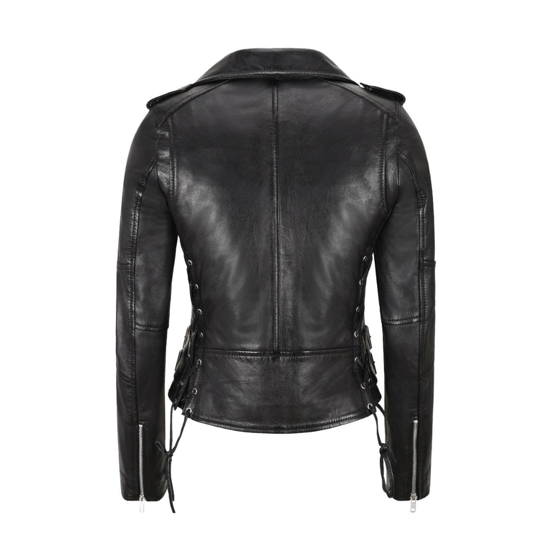 Women’s Varsity Moto Biker Bomber Leather Jacket – Lightweight Sheep Leather Short Coat with Shiny Silver Zip Kings Wear Apparel