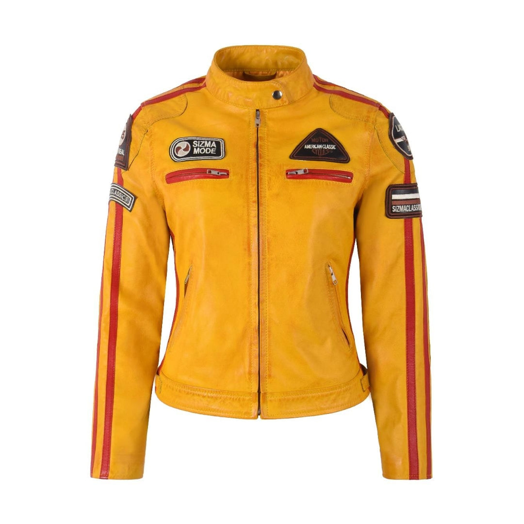 Women’s Leather Motorcycle Biker Jacket with Patches – Premium Sheep Nappa Full Veg Leather with Shiny Silver Zip Kings Wear Apparel