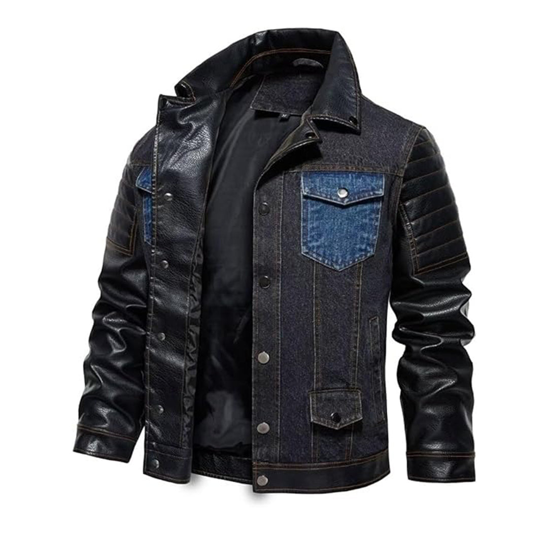 Men's Denim Jacket with PU Leather Patchwork – Trucker Biker Style | Kings Wear Apparel Kings Wear Apparel