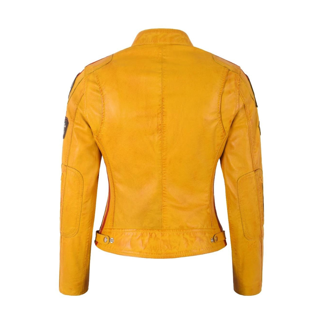 Women’s Leather Motorcycle Biker Jacket with Patches – Premium Sheep Nappa Full Veg Leather with Shiny Silver Zip Kings Wear Apparel