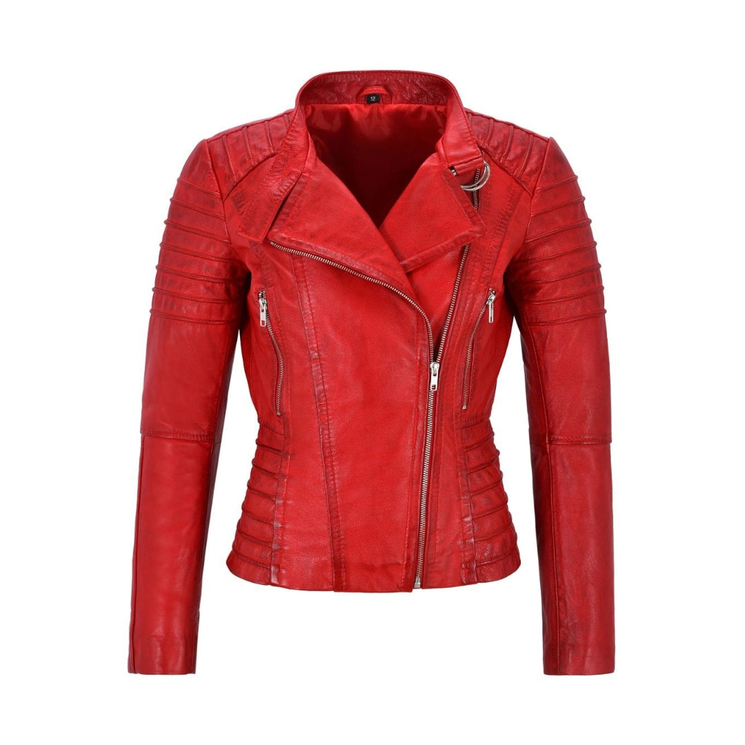 Women’s Lightweight Cropped Motorcycle Leather Jacket – Slim Fit Sheep Nappa Moto Biker Style with Shiny Silver Zip Kings Wear Apparel