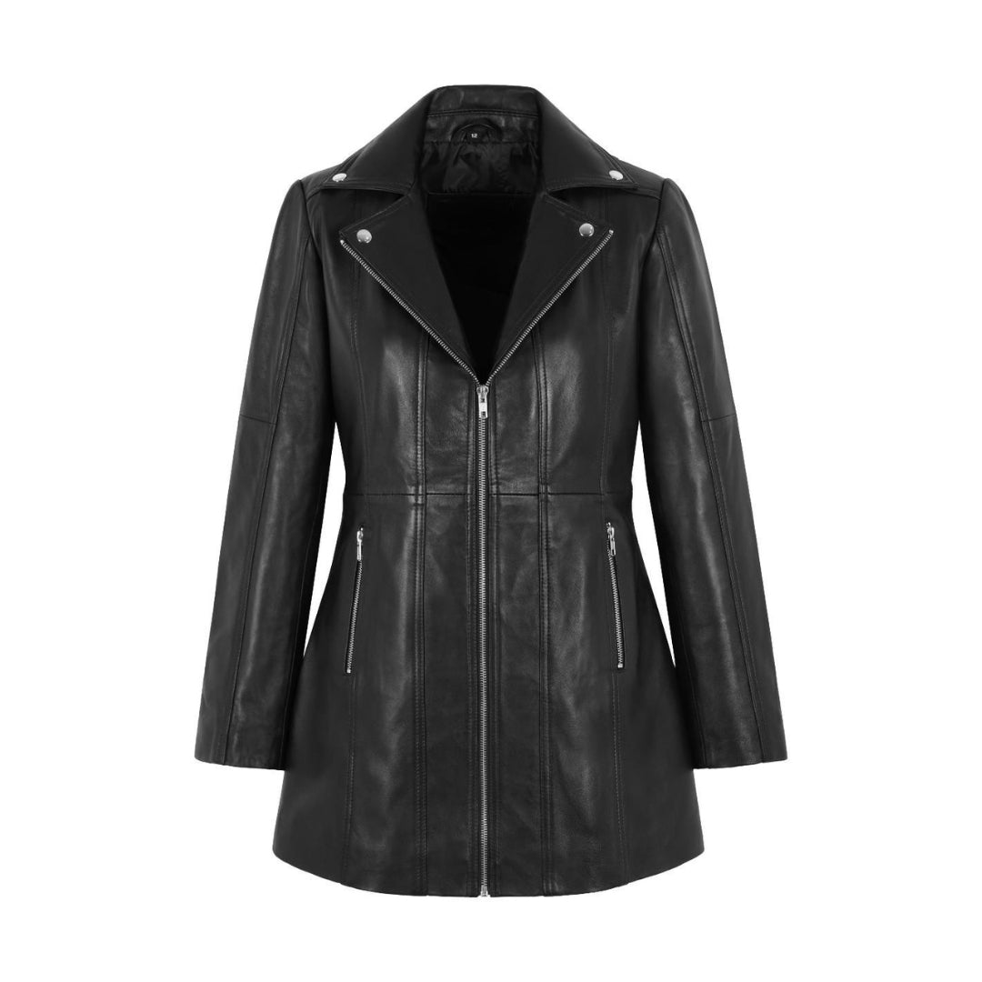 Black Leather Coat for Women – Genuine Sheep Nappa Leather with Shiny Silver Zip-Up Closure, Flattering Waist Fit Kings Wear Apparel