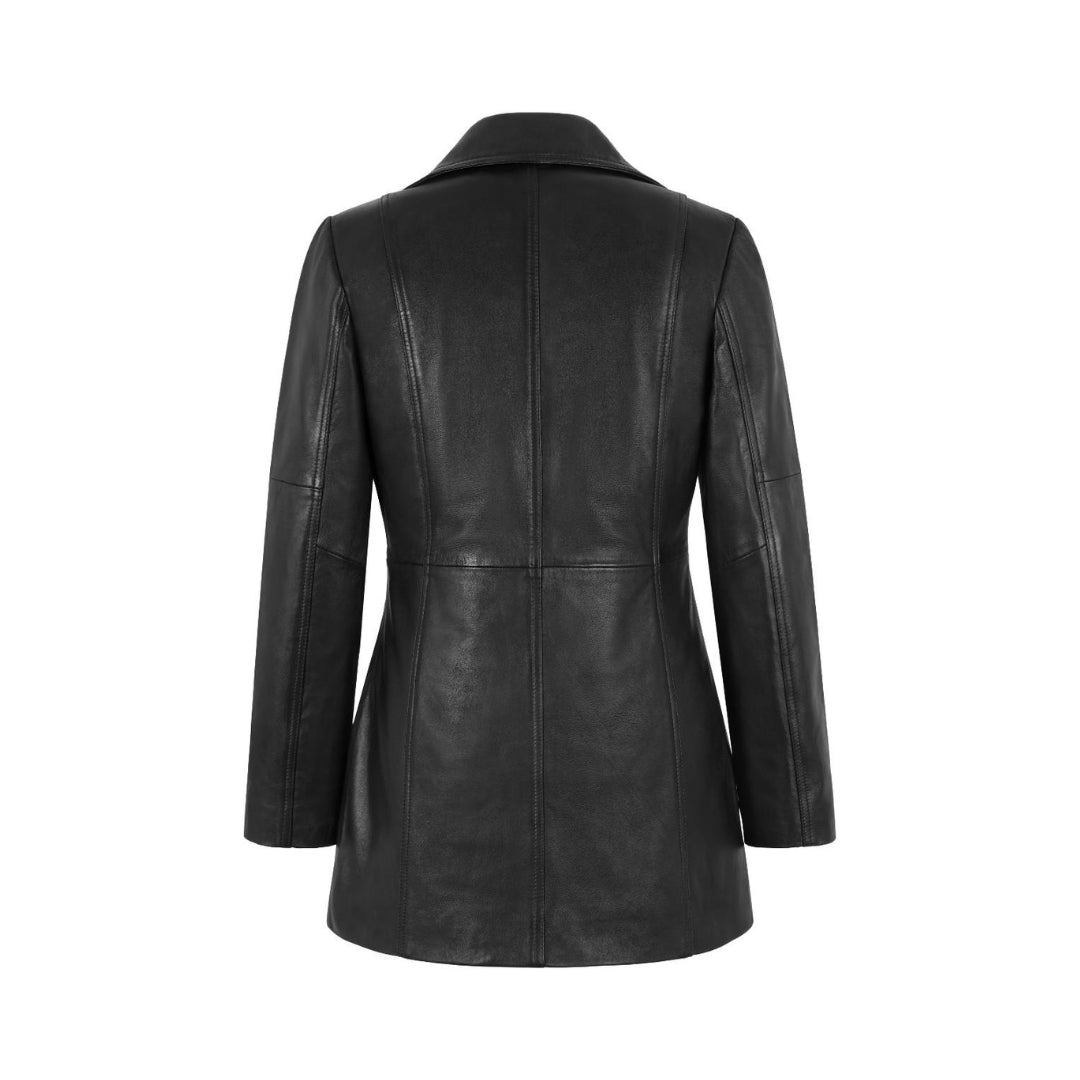 Black Leather Coat for Women – Genuine Sheep Nappa Leather with Shiny Silver Zip-Up Closure, Flattering Waist Fit Kings Wear Apparel