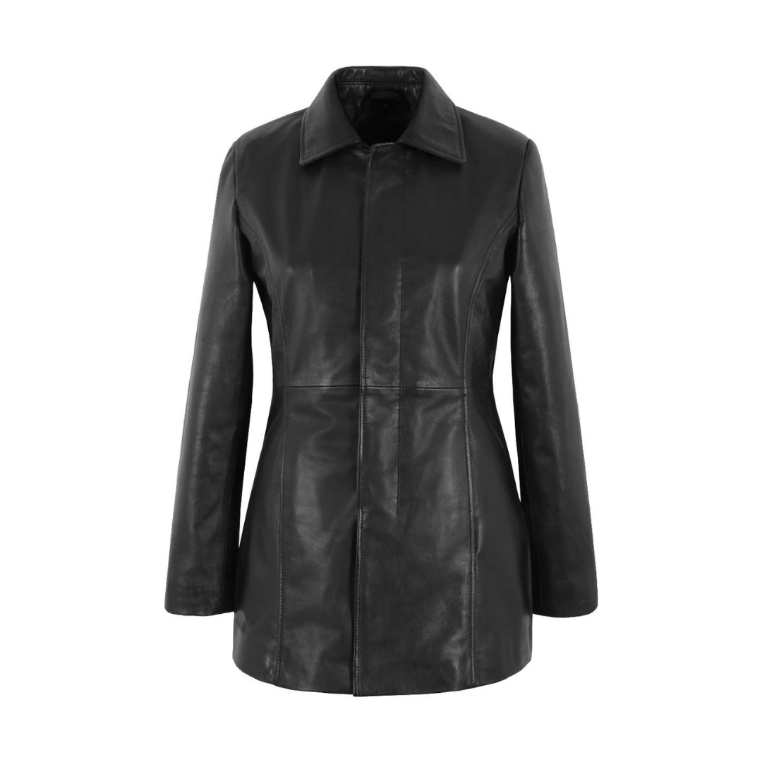 Black Leather Coat for Women – Genuine Sheep Nappa Leather with Gunmetal Zip-Up Closure, Flattering Waist Fit Kings Wear Apparel