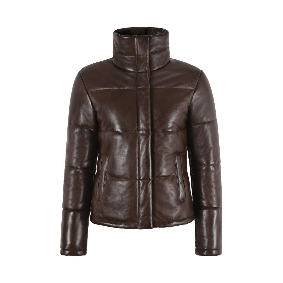 Women’s High Collar Puffer Jacket – Sheep Glove Touch with Matt Black Zip Closure Kings Wear Apparel