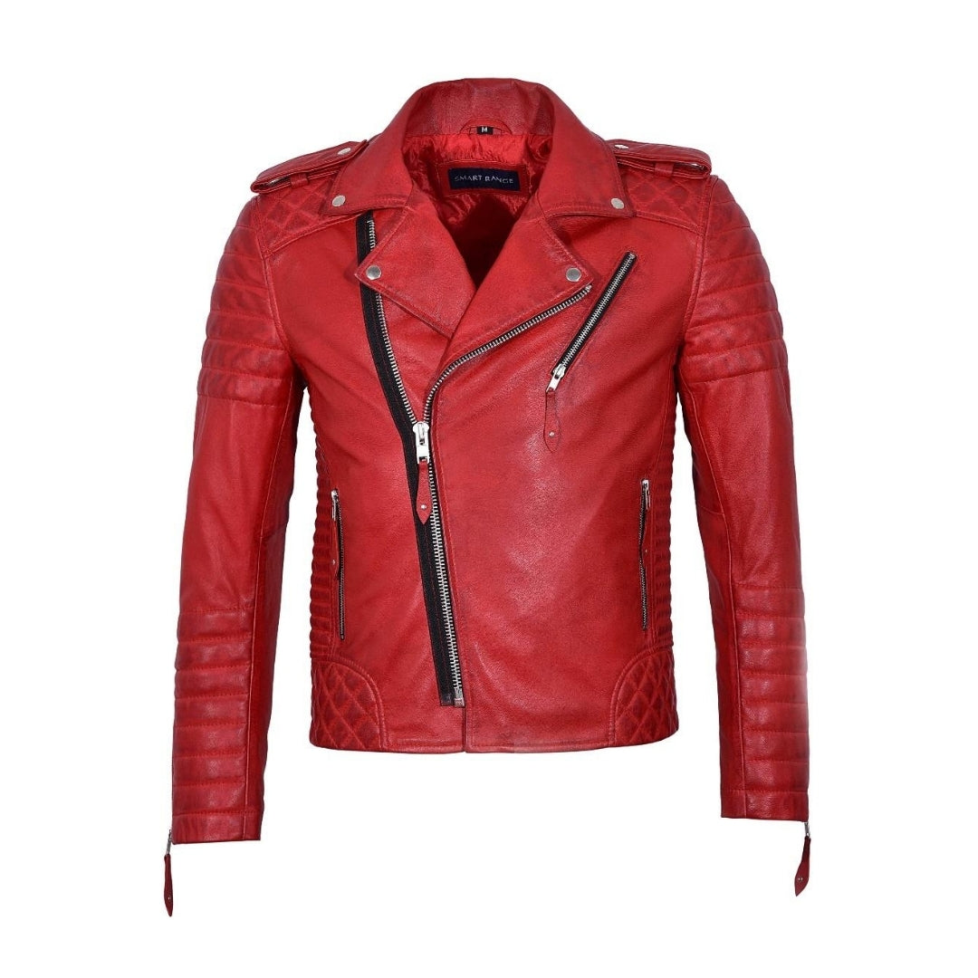 Men's Vintage Biker-Style Leather Jacket with Shiny Silver Zip