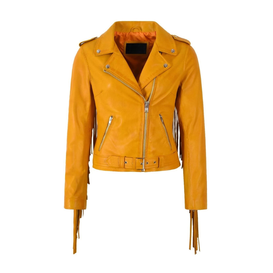 Women's Belted Leather Moto Jacket Cowboy Style – Genuine Sheep Nappa Leather with Shiny Silver Zippers | Kings Wear Apparel Kings Wear Apparel