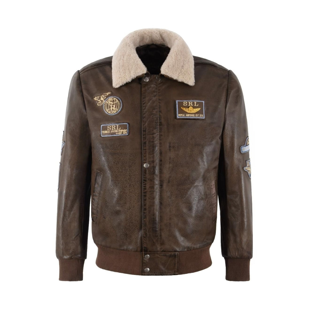 Leather Jacket For Men Real Sheep Nappa Full Veg Men's Leather Bomber Jacket Fur Collar Aviator Antique Silver Button Kings Wear Apparel