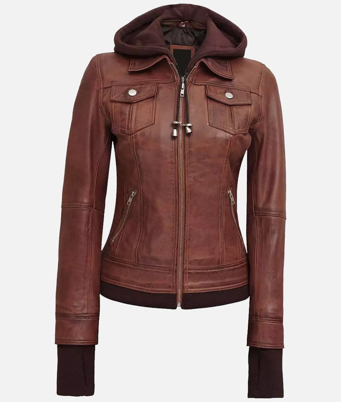 Tralee Women's Dark Brown Bomber Leather Jacket with Removable Hood | Premium Lambskin Kings Wear Apparel