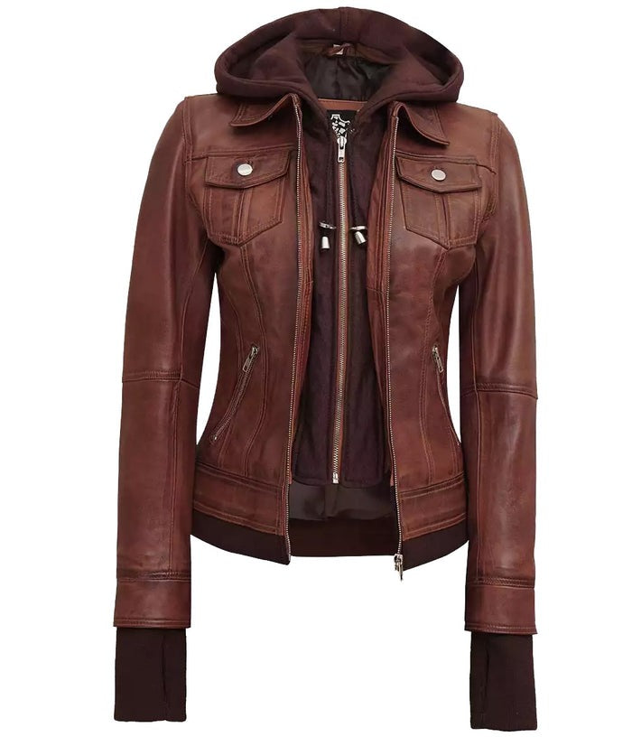 Tralee Women's Dark Brown Bomber Leather Jacket with Removable Hood | Premium Lambskin Kings Wear Apparel
