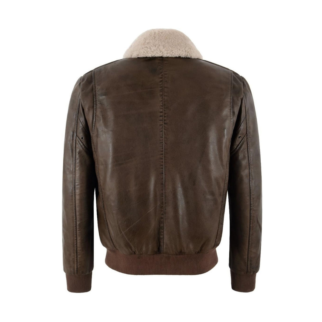 Leather Jacket For Men Real Sheep Nappa Full Veg Men's Leather Bomber Jacket Fur Collar Aviator Antique Silver Button Kings Wear Apparel